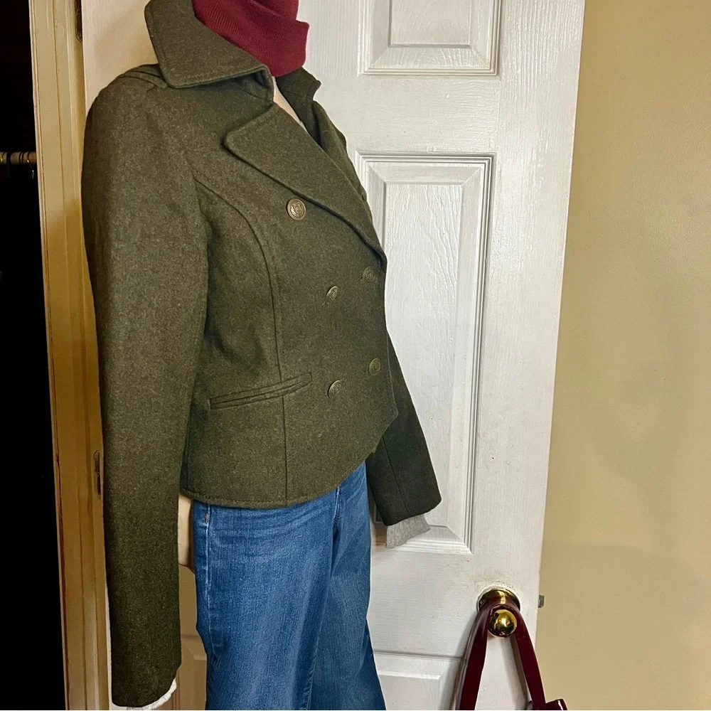 Old Navy Wms‎ Wool Blend Moss Green Military Crop Lined Retro Preppy Jacket S